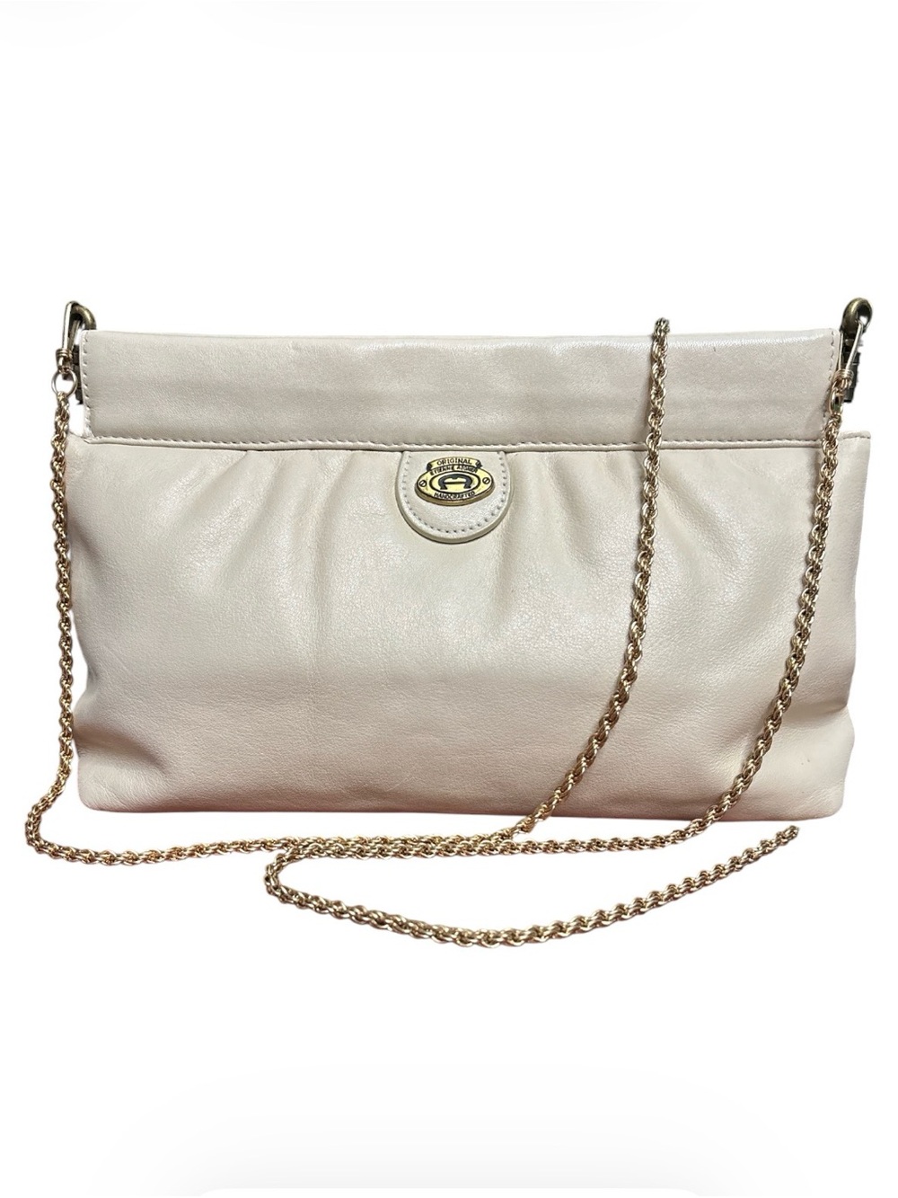 VTG Etienne Aigner Off-White Leather Convertible Clutch Shoulder Bag Gold Chain